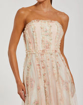 Pink and White Strapless Floral Ruffle Dress